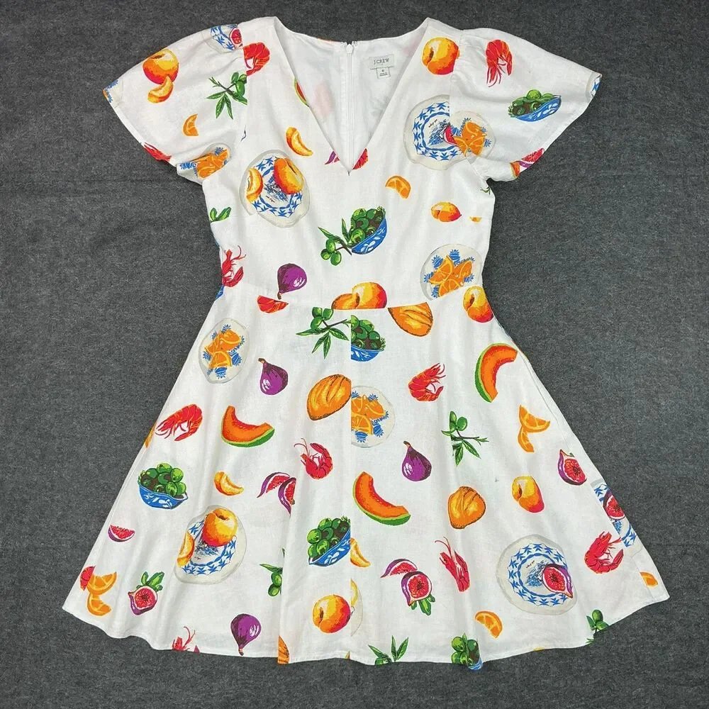 J.Crew Fruit Print Dress Size 6 Linen Blend Quirky Fit Flare Resort Teacher Twee